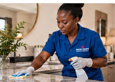 Shan Crown cleaner wiping down a kitchen countertop