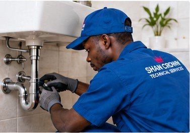 Shan Crown technician repairing pipework under a bathroom sink